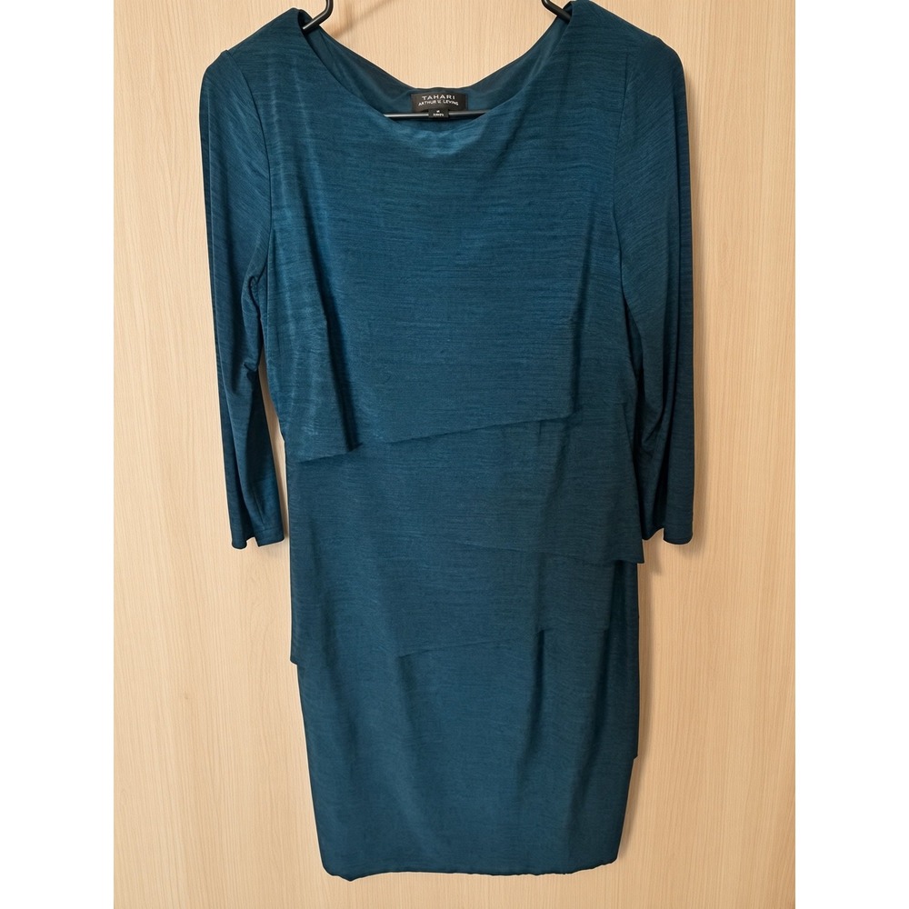 Tahari ASL Womens 8 Teal Blue Tiered Sheath Dress 3/4 Sleeve Boat Neck